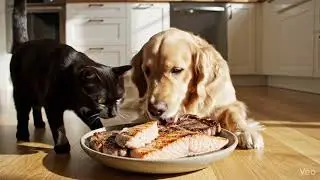 A dog eating steak and a cat snatching salmon.