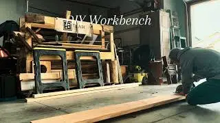 DIY workbench in a small garage shop 