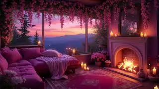 Cozy Pink Sunset Room 🌸 Smooth Piano Jazz Music & Fireplace Glow for Peaceful Nights