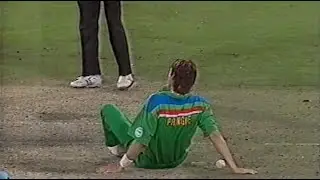 World Cup 1992. Ouch! Meryck Pringle slips at the bowling crease versus England at the MCG.