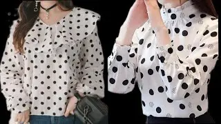 White Black Polka Dot Print Ruffle Style Long Sleeve Women Designer Blouse Shirts Tops Designs 2023