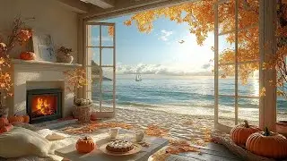 Morning Peace by the Sea 🍂🌊 | Autumn Window View with Ocean Waves & Cozy Fireplace for Calm 🔥📖