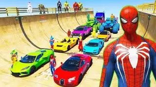 SUPERHERO Cars Challenge on HIGH Ramp over LAKE! SPIDERMAN Hulk and Race Cars - GTA 5 @newrisegaming