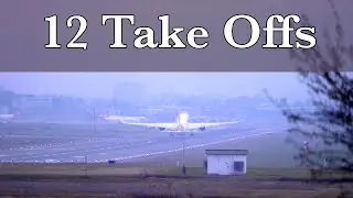 Zurich Airport 12 take offs of passenger airplanes on a winter day.