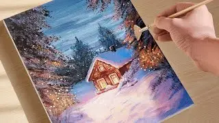 Paint a Cozy Cabin on a Winter Night 🎨 | Step-by-Step Acrylic Tutorial