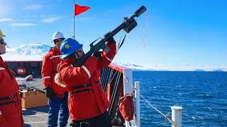 US Coast Guard Polar Star crew practice shoulder rope throwing in the Ross Sea