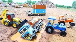 Muddy Road Accident 😱 | BharatBenz & Tata Truck Stuck | JCB 3DX Rescue Cartoon | Tractor Toy Video