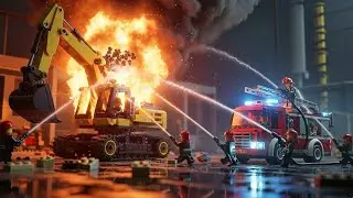 Saving a Burning LEGO Excavator! Intense LEGO City Fire Rescue Mission