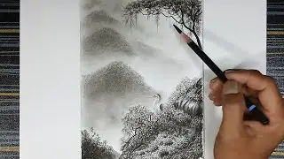 How to draw aesthetic landscape with beautiful bird using pencil.