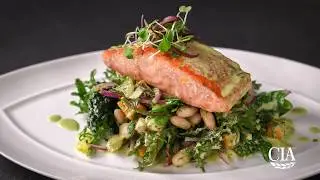 Salmon with White Beans, Squash and Greens with Green Tea Dressing