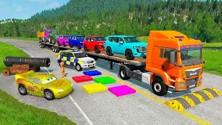 Flatbed Trailer McQueen Transportation with Truck - Speedbumps vs Cars vs Train - BeamNG.Drive #180
