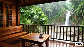 Peaceful Rain on Balcony with Waterfall Background ASMR