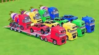 TRANSPORTING MIXER TRUCK, FORD 150, DAF, COLORFUL CARS WITH TRUCK - FS22