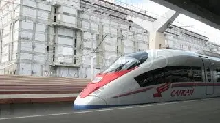 High-Speed Electric Train Sapsan Is At Platform Of Train Station Moskovskiy In. Stock Footage