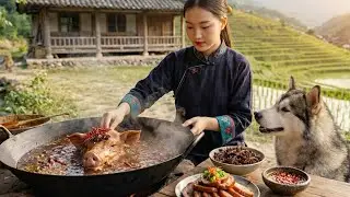 Village Life Cooking: Authentic Pig Head Dish in the Mountains