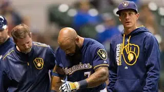 Thames Leaves in Brewers' Loss - Eric Thames fouled a pitch off of his lower leg an