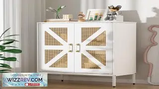 Белый буфет-шкаф с местом для хранения, плетеный комод с дверцами и полками.