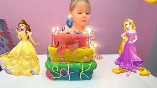 PLAY DOH CAKE Happy Sofiya Chocolate Surprise Eggs Princess Bele and Rapunzel Cake Play-To