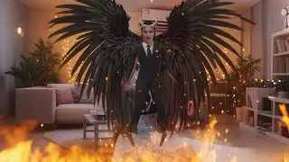 Black-winged fallen angel in flames reveals a silent dark war behind the world