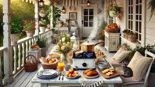 Cozy Spring Kitchen Porch Ambience🌸Nature sounds, Cooking, Sizzling Sounds,Boiling Stew, Purring cat