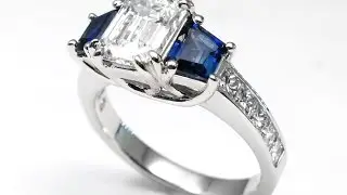 ES1400 Emerald Cut Diamond With Princess Cut Diamonds & Trapezoid Cut Blue Sapphires
