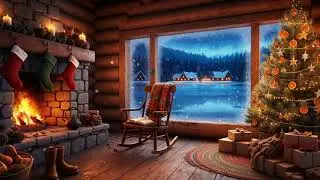 Cozy Christmas fireplace ambiance, snow falling, crackling fire | Relaxing and background sound