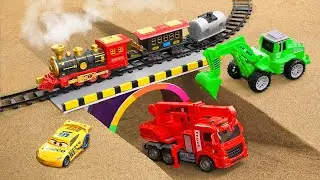 Mini Construction Vehicles Build a Bridge for Train and Heavy Trucks | Science Project