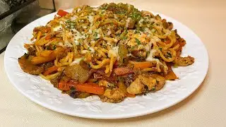 Spaghetti mit Hähnchen und Gemüse schnelles Mittagessen Blitzrezept