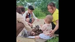 A Mother and Son Harvest Yellow Clams During Their Daily Work