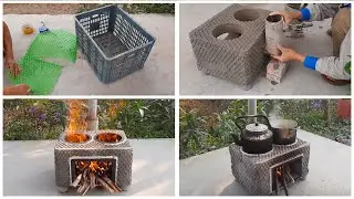 Creative Firewood Stoves From Old Plastic Basket At Home / DIY Cement Craft Ideas
