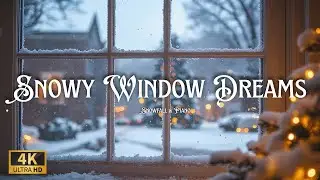 Serene piano in a cozy room | Gentle winter ambience with fireplace glow and snow slowly drifting