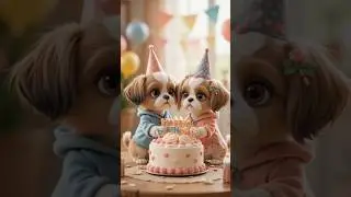 Two cute shih tzu puppies are celebrating birthday.
