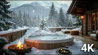 4K Cozy Winter Cabin Ambience | NO ADS | Crackling Fire & Bubbling Hot Tub For Sleep and Study