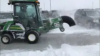 John Deere TerrainCut 1585 with Buffalo Turbine Blower Clearing Sidewalk Snow