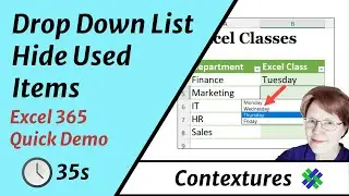 Excel 365 Drop Down List Demo - Hide Used Items
