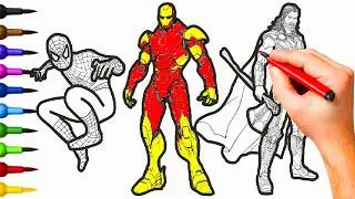 Marvel Heroes Coloring Pages Spiderman, Iron Man, and Thor  Avengers Painting