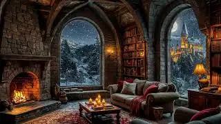 Secret Winter Wizard Study 📚❄ Cozy Fireplace Library with View of a Magical Snowy Castle