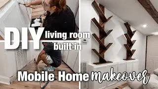 MOBILE HOME REMODEL | living room book shelf built in | double wide mobile home makeover 