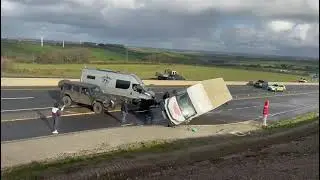 Police at Scene of Moving Van Blown Over by Storm Goretti