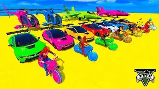 GTA V Epic Stunt Race Challenge for Spiderman and Superheroes with Bikes, Cars Helicopter & Jets