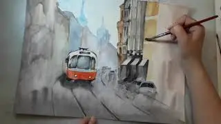 water color Painting | Electric Train cityscape painted with Light and lines perspective