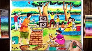 How To Draw A Family Picnic Scenery With Oil Pastel | Picnic drawing | How To Draw Picnic Scenery