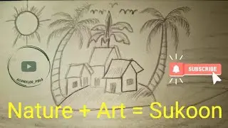 Peaceful Island Village Drawing | Simple Pencil Art with Palm Trees & Sunset