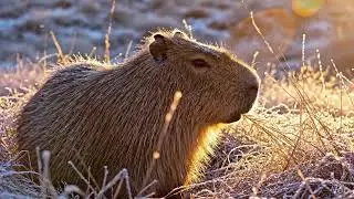 Golden Sunrise & Frosty Grass: A Capybara’s Peaceful Morning | Wildlife Beauty   #wildlife  #frost