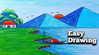 easy drawing scenery / river side landscape drawing / learn to draw
