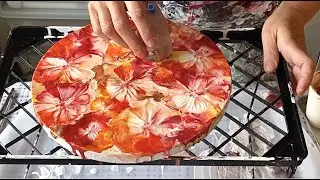 Bold RED & ORANGE Blossoms on Peach Base - Balloon Smash - Acrylic Fluid Art Painting (#20)