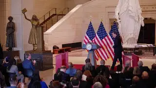 U.S. Sen. Mark R. Warner delivers remarks at the unveiling of the Barbara Johns statue