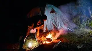 Overnight Solo camping at river on heavy rain forest night asr sounds (sole camping)