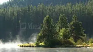 Stock Video - Mist slowly rising off the Snake River near thick forest