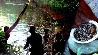 Fishermen catching fish in the cold morning with a huge net! Village Fishing
